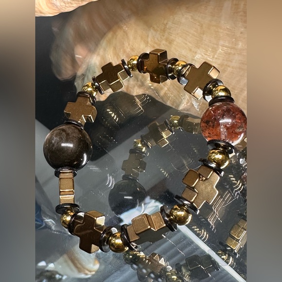 HEMATITE + GOLD OBSIDIAN + PHANTOM NATURAL STONES  BRACELET size 7” - Picture 6 of 15